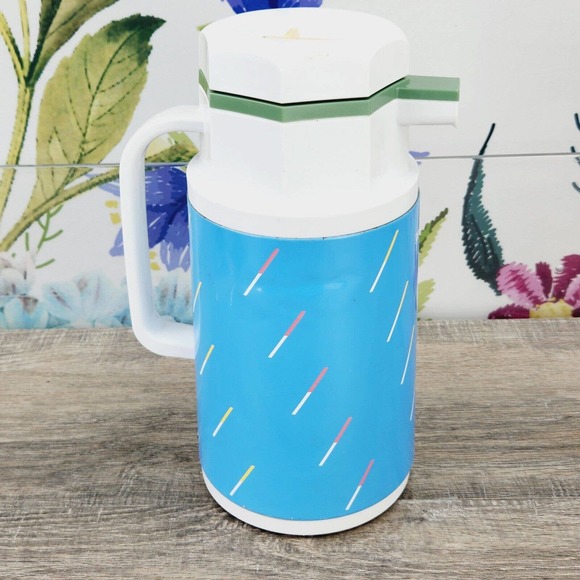 Gloria Vacuum Bottle Carafe Thermas Blue White RFS-10 Made in Japan Vintage MCM - Picture 3 of 10